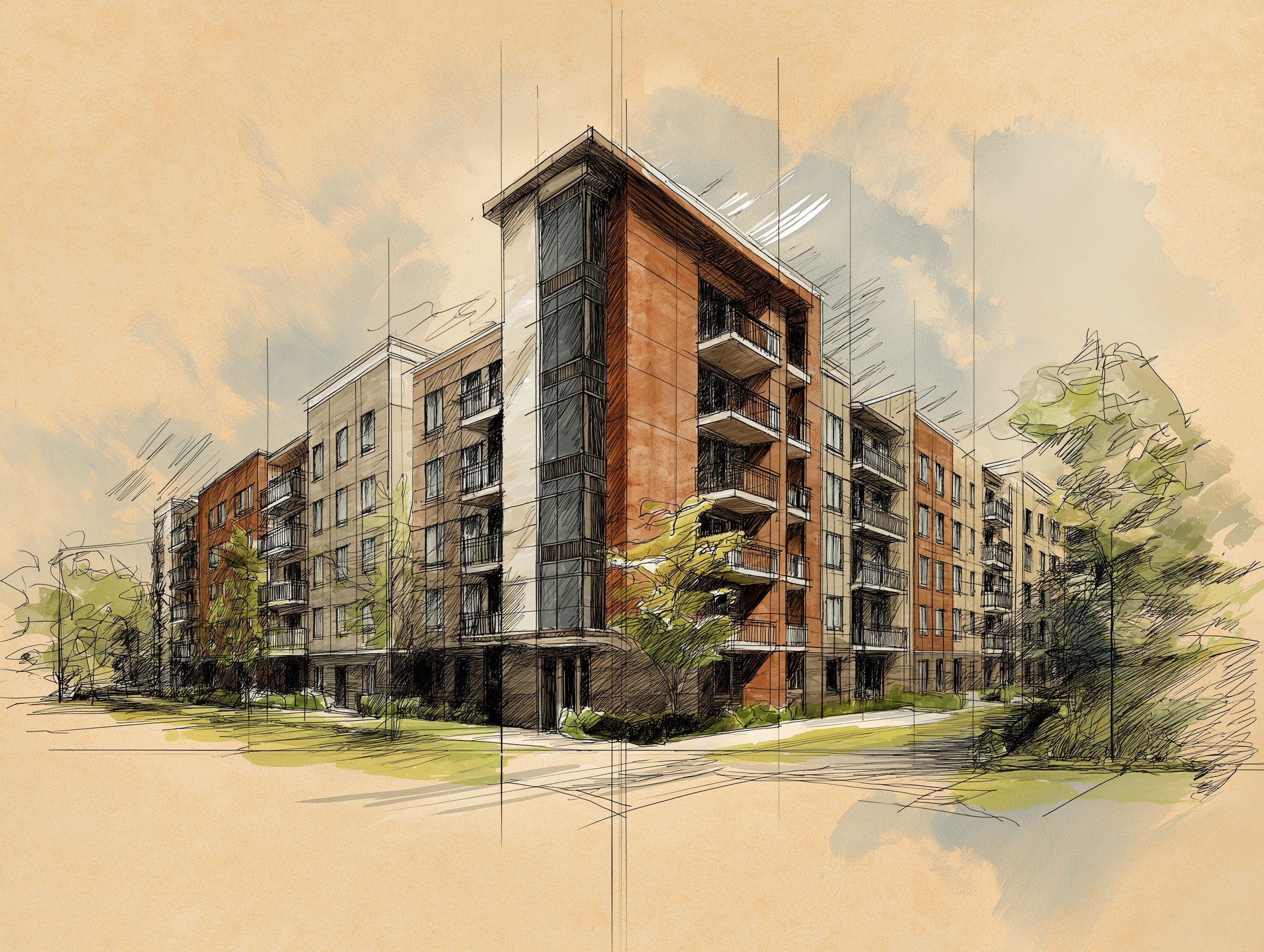 architectural rendering of an apartment complex