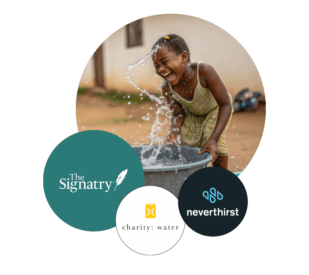A composite image containing an image of a child playing in water and logos of The Signatry, charity:water, and neverthirst