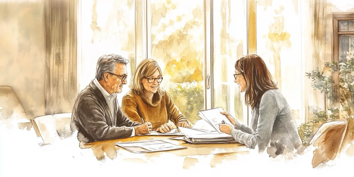 watercolor of an older couple sitting at a table with a younger woman