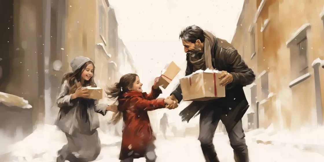 watercolor of a winter scene with a father and two daughters holding packages
