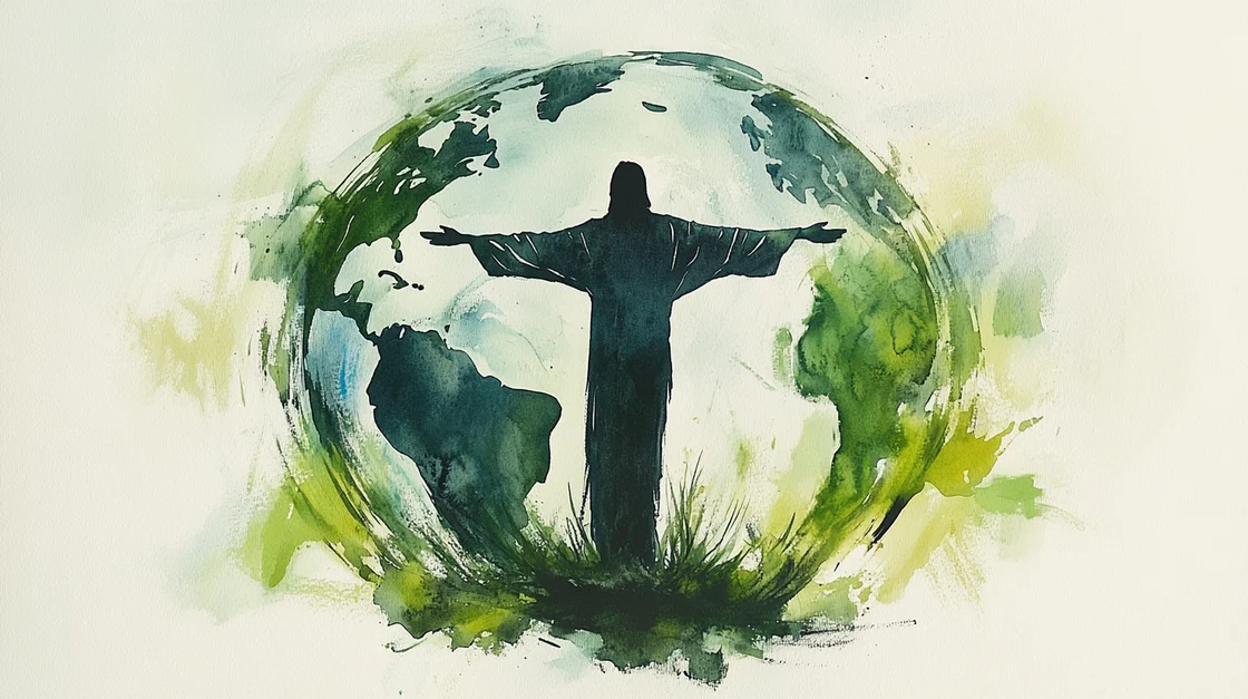 a watercolor of Christ standing with outstretched arms superimposed on the globe