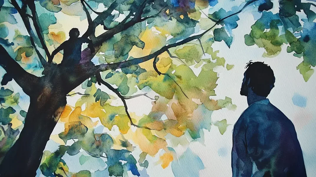 watercolor of a man looking up into a tree