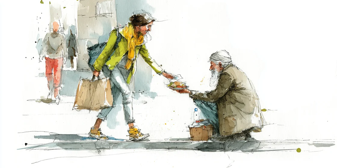 watercolor of a woman handing something to a person who is seated on a sidewalk