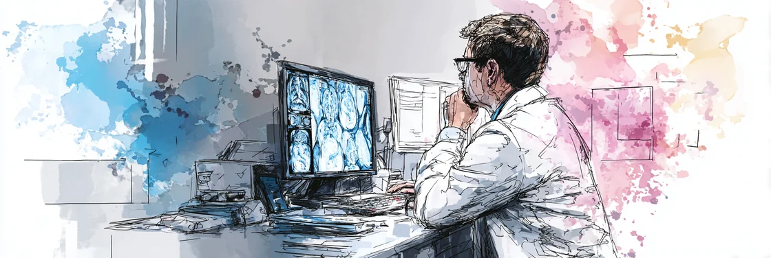 watercolor of a man looking at a computer screen