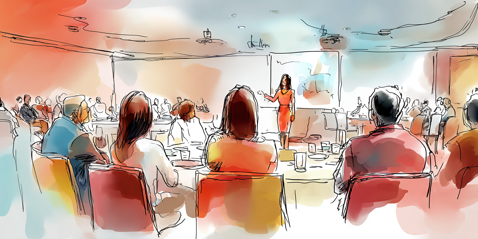 Watercolor depiction of a fundraising gala