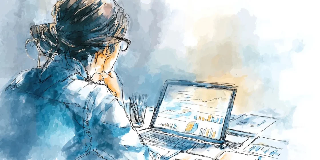 Watercolor depiction of woman looking at her computer screen