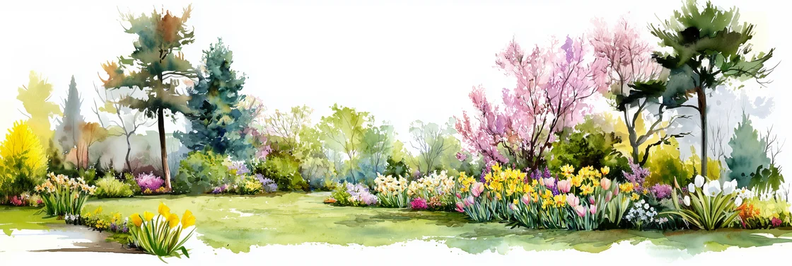 Watercolor depiction of spring trees and shrubs