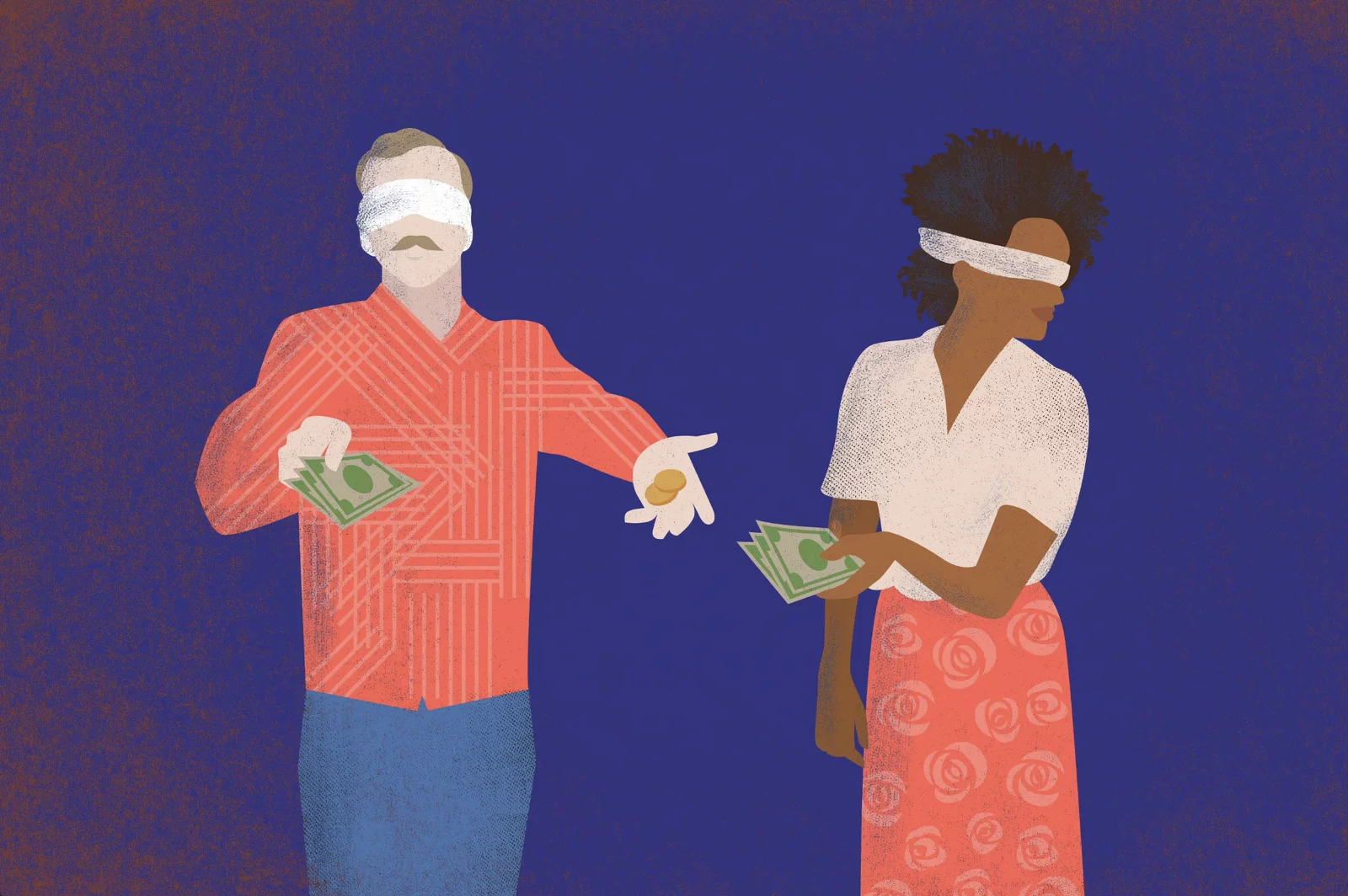 Depiction of people giving money while blindfolded