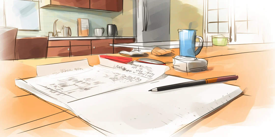 Watercolor depiction of pen and paper on a table.